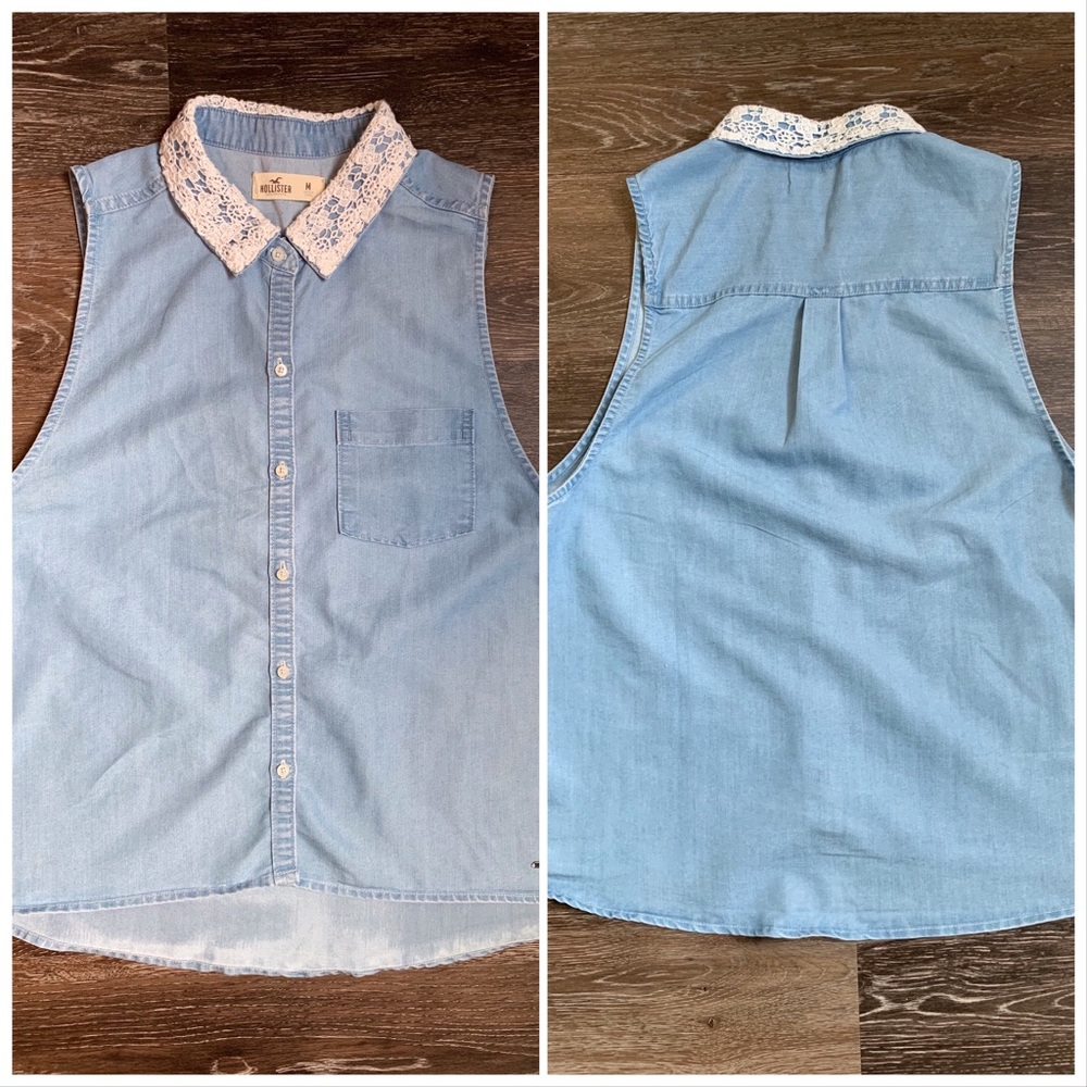 Hollister denim button down tank w lace collar M